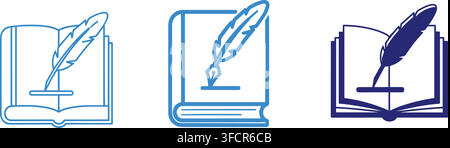 Open book with feather quill pen writing or signing documents in various blue outline and solid designs. Stock Vector