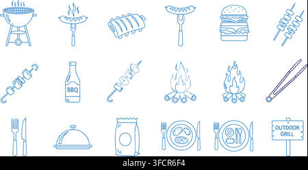 Outdoor barbecue and grilling picnic food outline vector icons for summer events. Stock Vector