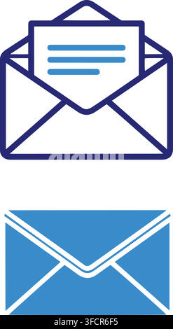 Opened blue outline mail envelope with letter and solid blue closed mail envelope representing communication. Stock Vector