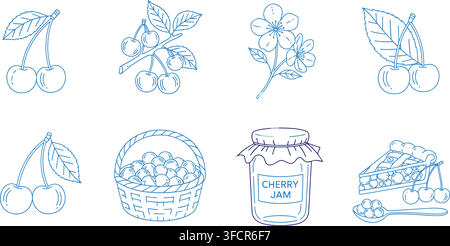 Outlined blue cherry illustrations perfect for packaging designs, product labels, and summer fruit concepts. Stock Vector