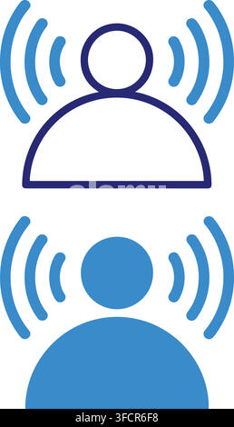 Podcast and wireless communication person icon with blue signal waves for broadcasting and social audio streaming. Stock Vector