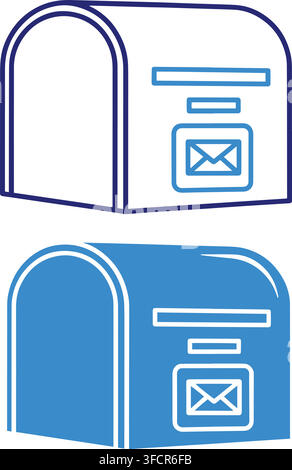 Postal mailbox blue colored outline solid icons set for mail delivery business vector graphic illustration. Stock Vector