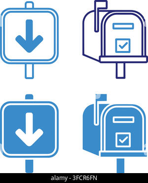 Professional mailbox and sign icons showing downward direction in linear blue style for navigation and mailing. Stock Vector