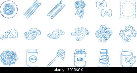 Pasta and sauce outline icon set featuring various noodle shapes, honey, and sauce illustrations. Stock Vector