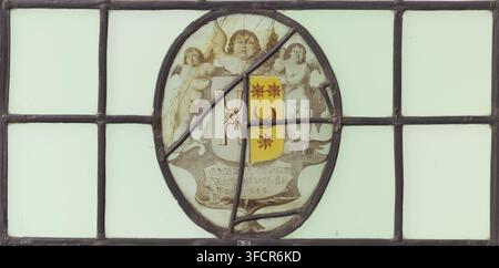 Window pane with coat of arms with inscription 'Joossen Van Rouen ... 1648', light (window), coat of arms pane, Oval coat of arms pane with the text below the coat of arms: JOOSSEN VAN ROUEN. ... 1648. Surrounded by cartouche and two angels and grisaille., 1648, metal, paint (coating), inorganic material, lead and lead alloy, glass, lead (metal), stained glass, grisaille paint, glass painting, enamel painting, leading, grisaille paint on glass, height 21.3 cm x width 43.8 cm., A rectangular leaded glass panel with pale mint-green panes divided by dark metal came, featuring a central oval panel Stock Photo