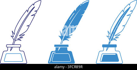 Quill pen and inkwell drawing icons in blue outlines for classic calligraphy stationery and writing materials. Stock Vector