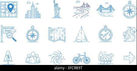 Set of blue line art icons for travel and navigation, featuring maps, compasses, and city landmarks. Stock Vector