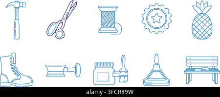 Set of ten blue outline household and professional tool icons for workshop construction and maintenance projects. Stock Vector