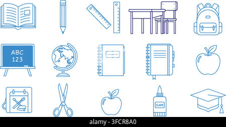 School supplies icon set blue outline illustration for education classroom study learning materials. Stock Vector