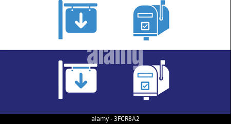 Signpost and mailbox icons set featuring blue flat and contour styles for postal communication and navigation. Stock Vector