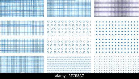 Seamless blue striped and dotted grid patterns vector background texture on transparent. Stock Vector
