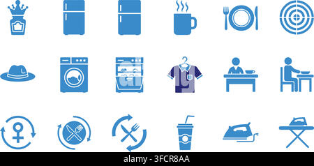 Set of flat icons in blue on transparent background for various purposes like food service and home appliances. Stock Vector