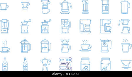 Set of coffee brewing equipment icons with blue line art style for cafe menu design and barista craft tools use. Stock Vector