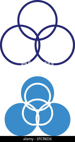 Three overlapping blue circles abstract design for venn diagram or concept representation. Stock Vector