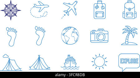 Travel and adventure outline icon set in blue color perfect for exploring new destinations and journeys. Stock Vector