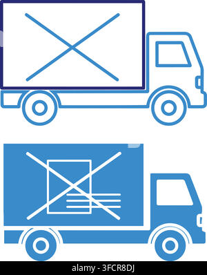 Two blue delivery truck illustrations with crossed-out boxes, one outline and one solid, for no-delivery concepts. Stock Vector
