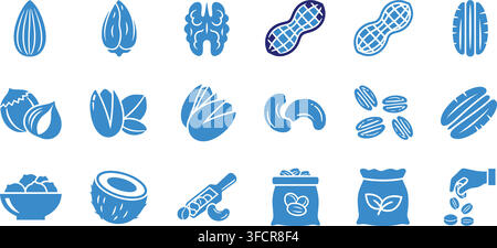 Various nut icons set showing blue graphic elements for healthy food branding and culinary vector design projects. Stock Vector