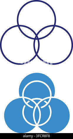 Venn diagram intersection circular shape outline and solid blue color emblem for visual data analysis chart. Stock Vector