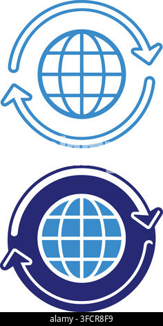 World globe icon set with circular arrows on blue background for global internet network and connection usage. Stock Vector