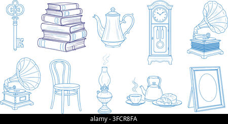 Vintage hand drawn household items icons collection with antique clocks books and gramophones in blue lines. Stock Vector