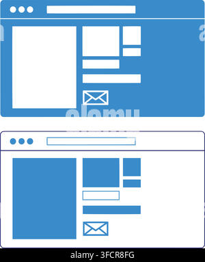 Website layout wireframe templates in solid blue and outline styles ideal for digital design presentations. Stock Vector