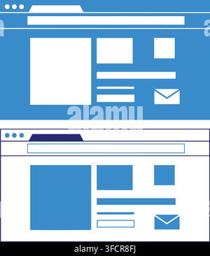 Website browser user interface wireframe blue vector layout templates representing blog design for desktop. Stock Vector