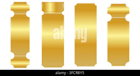 Premium graphic set of blank vertical event voucher tickets featuring metallic golden gradients with perforated stubs Stock Vector