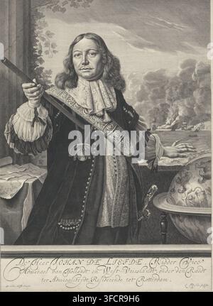 Portrait of Johan de Liefde, print, Johan de Liefde, Vice Admiral of Holland and West Friesland, holding a commander's staff in his right hand. On the left, a table with nautical charts, a compass, and a globe. Around his neck, a necklace with a portrait medallion. On the right, in the distance, a naval battle., printmaker: Lambert Visscher, after painting by Bartholomeus van der Helst, 1668 - 1690, Lambert Visscher, Bartholomeus van der Helst, printmaker, after painting by, paper, etching, engraving, etching and engraving, height 567 mm x width 428 mm, Person, globe, maps, atlases, battle (+ Stock Photo