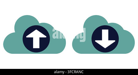 Vectors illustration set of cloud computing storage icons featuring white upload and download arrows inside dark circular button Stock Vector