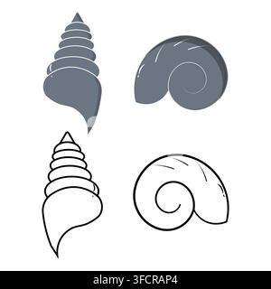 Set of spiral conch seashells in flat colored style and black outline linear art. Isolated on a white background Stock Vector