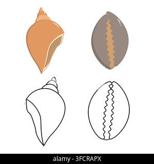 Set of spiral conch seashells in flat colored style and black outline linear art. Isolated on a white background Stock Vector