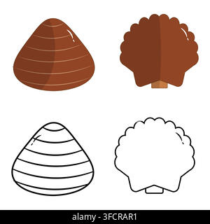 Set of spiral conch seashells in flat colored style and black outline linear art. Isolated on a white background Stock Vector