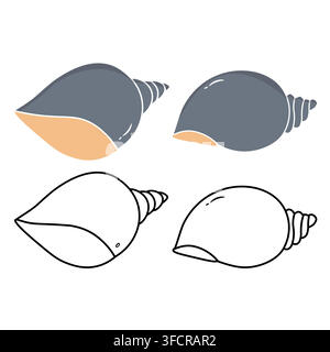 Set of spiral conch seashells in flat colored style and black outline linear art. Isolated on a white background Stock Vector