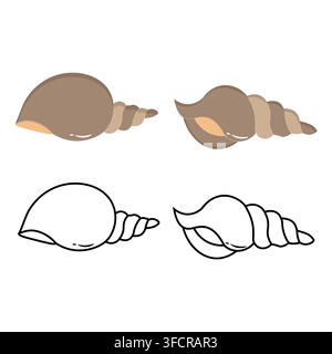 Set of spiral conch seashells in flat colored style and black outline linear art. Isolated on a white background Stock Vector