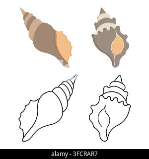 Set of spiral conch seashells in flat colored style and black outline linear art. Isolated on a white background Stock Vector