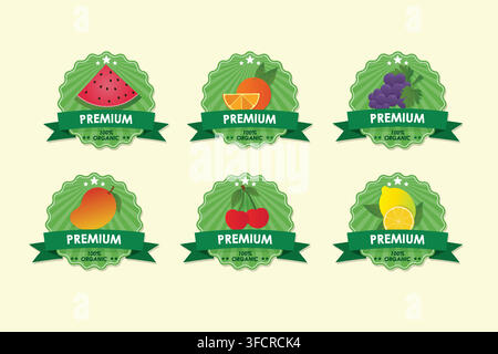 Premium Green Fruit Label Collection With Ribbons Stock Vector