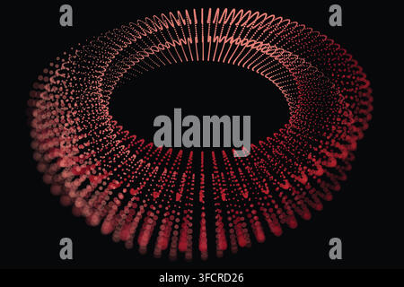 Abstract red dot torus on black background, forming concentric rings with 3D depth, symbolizing symmetry, motion, and modern digital visualization Stock Vector