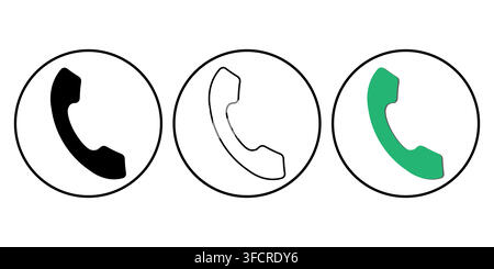 Minimalist telephone receiver icon set with online chat speech bubbles inside circular frames featuring multiple graphic style variations Stock Vector