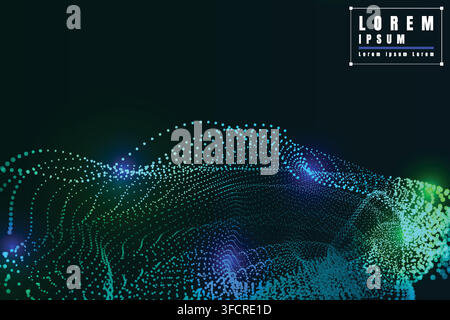 Abstract glowing green and blue dot waves on dark background, symbolizing motion, depth, and futuristic digital vector design for technology Stock Vector