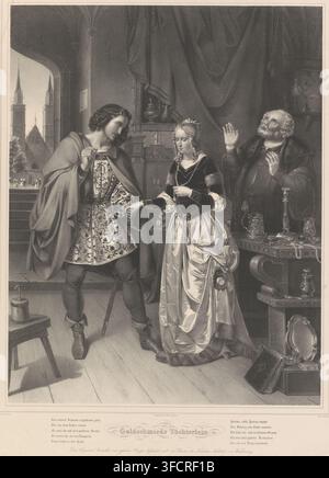 Man asks for a woman's hand, Goldschmied's Töchterlein, Goldsmith's Daughter, print, Series number, 4, Depiction from the work 'Goldschmieds Töchterlein' by Ludwig Uhland., printmaker: Ernst Friedrich Oldermann, after painting by Wilhelm Nerenz, printer (person): Königliches Lithographisches Institut, Berlin, publisher: Carl Gottfried Lüderitz, 1818 - 1837, Ernst Friedrich Oldermann, Wilhelm Nerenz, Königliches Lithographisches Institut, Carl Gottfried Lüderitz, printmaker, after painting by, printer (person), publisher, paper, lithography, height 660 mm x width 509 mm, adult woman, adult man, Stock Photo