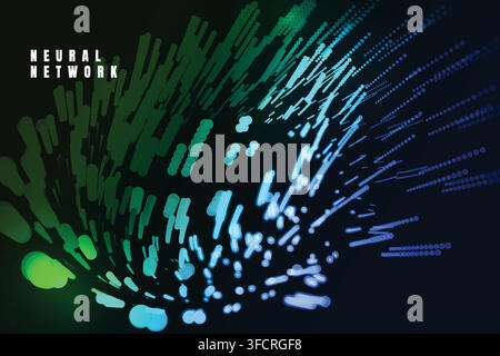 Abstract neural network visualization with glowing green and blue lines and dots on dark background, symbolizing AI, machine learning Stock Vector