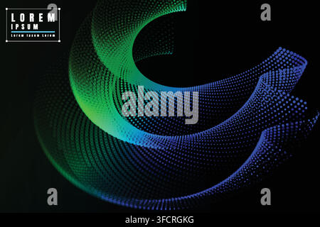 Abstract green and blue dot waves on dark background, symbolizing motion, depth, and futuristic digital vector design for technology and creative art. Stock Vector