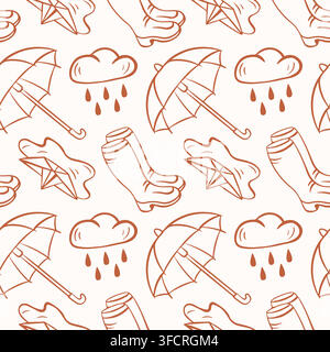 Seamless pattern with umbrella, rain cloud and rubber boot in fall season. Hand drawn line art style. Weather concept. illustration for greeting card Stock Vector