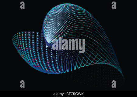3D abstract ribbon of colored dots twisting in space, with gradients of blue, turquoise, pink, and purple on black background Stock Vector