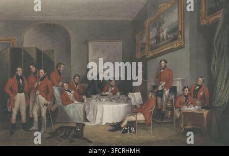 Group of young men at the breakfast table, The Melton Breakfast, print, printmaker: Charles George Lewis, draftsman (artist): Francis Grant (Sir), publisher: Hodgson & Graves, 1836 - 1841, draftsman (artist), paper, etching, aquatint, hand coloring, engraving, etching and aquatint, hand colored, height 557 mm, width 802 mm, breakfast., A group of men in red coats and light trousers occupy a richly furnished interior, with some standing and others seated around a round table covered with a white cloth and set with cups and dishes; two men at the table are attended by a man in a dark coat who Stock Photo