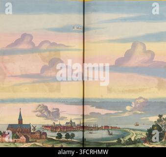 View of Saint-Malo, St. Malo, print, album page, This print is part of an album., publisher: Caspar Merian, Frankfurt am Main, colorer (graphic design artist): Anna Beeck, The Hague, 1661, printmaker, colorer (graphic design artist), Hessen, paper, engraving, etching, hand coloring, etching and engraving, hand-colored, cut within plate edge and pasted in a hand-colored frame, title cut out of image and glued above, sky and clouds hand-painted around it, height 357 mm x width 430 mm, height 532 mm x width 320 mm., A wide colored scene shows a pastel sky with layered clouds in soft blues, pinks, Stock Photo