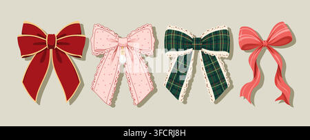 Set of four decorative ribbon bows in red, pink, green plaid and coral colors. Stock Vector