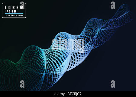 Abstract wave mesh in teal and blue lines on dark background, symbolizing motion, depth, and modern digital vector design for technology and art. Stock Vector