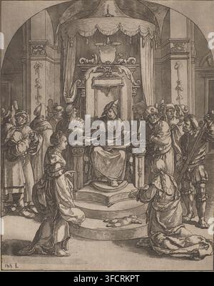Judgment of Solomon, print, King Solomon sits on his throne and pronounces his judgment. He orders the baby to be divided in two to determine who the child's mother is. On the right, a man draws his sword. Before the throne the two women who both claim motherhood of the child., printmaker: Cornelis Brouwer, after drawing by Lucas van Leyden, after drawing by Nicolaes de Bruyn (attributed to), supervision: Cornelis Ploos van Amstel, Amsterdam, supervision: Christiaan Josi, 1782, 1795 - 1821, Cornelis Ploos van Amstel, Cornelis Brouwer, Lucas van Leyden, Nicolaes de Bruyn, Christiaan Josi, print Stock Photo