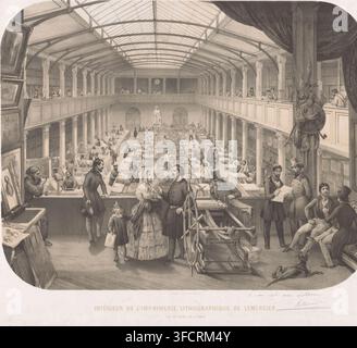 Interior of the lithographic printing house of Joseph-Rosé Lemercier, Intérieur de l'imprimerie lithographique de Lemercier, Rue de Seine, 55, a Paris, print, A picture of the hectic activity that prevailed in the lithographic printing house of Joseph-Rosé Lemercier (1803-1887). Since 1831, it was located in a former jeu de paume court. The printing house was one of the largest lithographic printing houses of the nineteenth century. Lemercier is probably portrayed in the center of the print., annotation: 'to my dear friend Velten, Lemercier', printmaker: Charles Villemin, printmaker: Victor Stock Photo